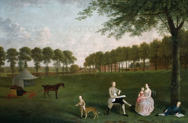 Sir John Shaw and his Family in the Park at Eltham Lodge, Kent, 1761, Arthur Devis, English, 1712–1787, England, Oil on canvas, 134.3 × 199.1 cm (52 3/4 × 78 3/8 in.)