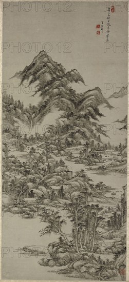 Landscape after Huang Gongwang, Qing Dynasty (1644–1911), dated 1701, Wang Yuanqi, Chinese, from Taicang, Jiangsu province, 1642-1715, China, Hanging scroll, ink and color on paper, with box