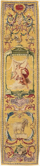 The Month of June/The Sign of Cancer, from The Grotesque Months, c. 1726, After a design by Claude III Audran (1658–1734), 1708–09, Woven at the Manufacture Royale des Gobelins, France, Paris, Paris, Wool and silk, slit and double interlocking tapestry weave, 71.5 x 293.7 cm (28 1/8 x 115 5/8 in.)