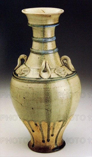 Vase (Hu) with Horizontal Bands, Loop Handles, and Lionlike Medallions, Sui dynasty (581–618), China, Stoneware with underglaze molded and applied decoration, H. 41.6 cm (16 3/8 in.), diam. 23.0 cm (9 1/16 in.)