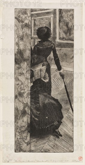 Mary Cassatt in the Paintings Gallery at the Louvre, 1879–80, Edgar Degas, French, 1834-1917, France, Etching, soft ground etching, aquatint, and drypoint on grayish-ivory wove paper, 305 × 126 mm (image/plate), 340 × 175 mm (sheet)