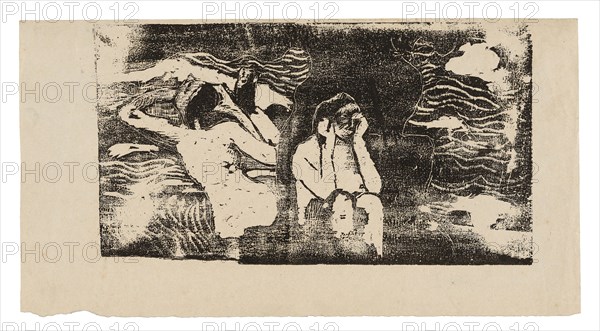 At the Black Rocks, from the Suite of Late Wood-Block Prints, 1898/99, Paul Gauguin, French, 1848-1903, France, Wood-block print in black ink on cream wove paper, 103 × 185 mm (image), 127 × 238 mm (sheet)