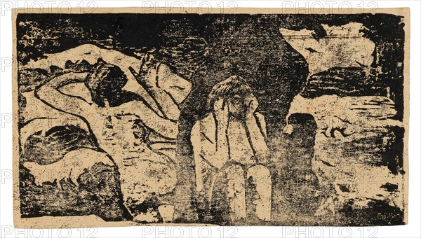 At the Black Rocks, from the Suite of Late Wood-Block Prints, 1898/99, Paul Gauguin, French, 1848-1903, France, Wood-block print in black ink on moderately thick cream wove paper, 103 × 186 mm (image), 106 × 191 mm (sheet)