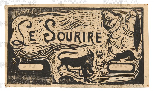 Fox, Busts of Two Women, and a Rabbit, headpiece for Le sourire, 1899/1900, Paul Gauguin, French, 1848-1903, France, Wood-block print in black ink on cream Japanese paper (recto), wood-block print in black ink over blue and green pencil on cream Japanese paper (verso)ck on cream wove paper, 105 × 185 mm (image, recto), 110 ×185 mm (image, verso), 115 × 196 mm (sheet)