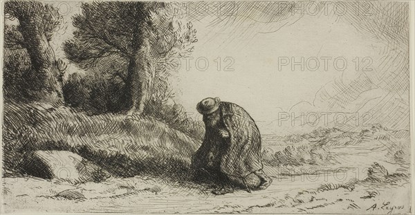 A Vagabond Walking Along a Lane, c. 1890, Alphonse Legros, French, 1837-1911, France, Etching and drypoint on cream laid paper, 141 × 270 mm (plate), 142 × 271 mm (sheet)