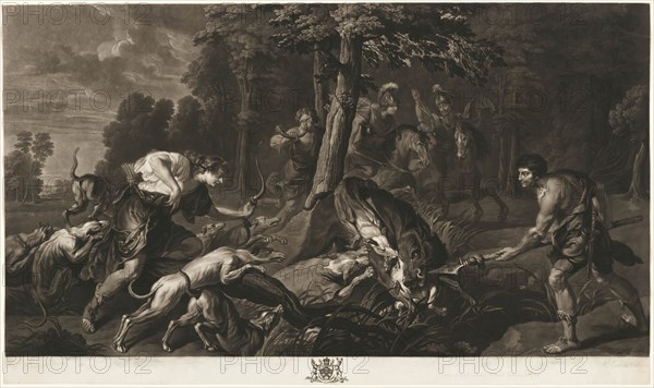 The Calydonian Boar Hunt, from the Houghton Gallery, 1781, Richard Earlom (British, 1743-1822), after Peter Paul Rubens (Flemish, 1577-1640), England, Mezzotint in black on ivory wove paper, 468 × 856 mm (image), 505 × 856 mm (sheet, cut within plate mark)