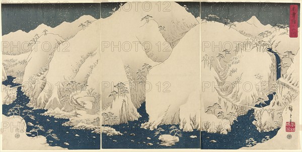 Mountain and River on the Kiso Road (Kisoji no yamakawa), 1857, Utagawa Hiroshige ?? ??, Japanese, 1797-1858, Japan, Color woodblock print, oban triptych, 37 x 74.5 cm (14 9/16 x 29 5/16 in.)