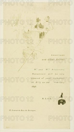 Invitation for Mr. and Mrs. Alexandre Natanson, 1895, Henri de Toulouse-Lautrec, French, 1864-1901, France, Color lithograph on cream wove paper, 258 × 157 mm (image), 340 × 179 mm (sheet)