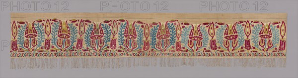 Panel (For a Bedcover), 17th century, Greece, Epirus Province or Ionian Islands, Greece, Linen, plain weave, embroidered with silk in running (pattern darning), split, and stem stitches, edged with plied and knotted weft fringe, 205.6 x 41.9 cm (80 7/8 x 16 1/2 in.)