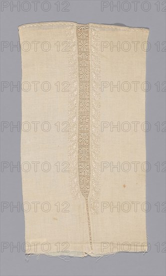Neck Insert, 18th century, Greece, Ionian Islands, Leukas, Levkás, Linen, plain weave, embroidered in eyelet hole, hem, overcast, and satin stitches, insets of linen, needle lace, 37.4 x 21 cm (14 3/4 x 8 1/4 in.)