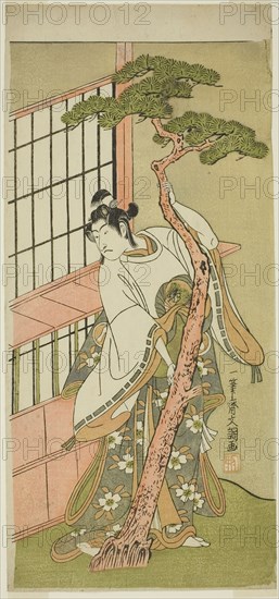 The Actor Ichikawa Monnosuke II as Tsunewaka-maru in the Play Iro Moyo Aoyagi Soga, Performed at the Nakamura Theater in the Second Month, 1775, c. 1775, Ippitsusai Buncho, Japanese, active c. 1755-90, Japan, Color woodblock print, hosoban, 32.8 x 15 cm (13 x 5 3/4 in.)