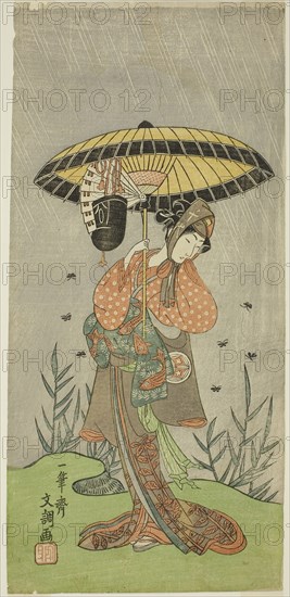 The Actor Yamashita Kinsaku II as Nijo no Kisaki (?) in the Play Natsu Matsuri Naniwa Kagami (?), Performed at the Morita Theater (?) in the Seventh Month, 1770 (?), c. 1770, Ippitsusai Buncho, Japanese, active c. 1755-90, Japan, Color woodblock print, hosoban, 32.3 x 14.9 cm (12 5/8 x 6 in.)