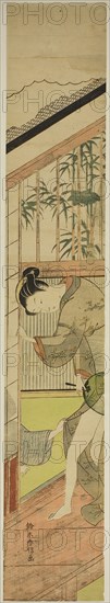 Man Pulling at a Woman’s Kimono, c. 1768/69, Suzuki Harunobu ?? ??, Japanese, 1725 (?)-1770, Japan, Color woodblock print, hashira-e, 27 3/4 x 4 3/4 in.