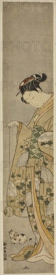 Girl Playing with a Cat, c. 1769/70, Suzuki Harunobu ?? ??, Japanese, 1725 (?)-1770, Japan, Color woodblock print, hashira-e, 24 x 4 1/2 in.