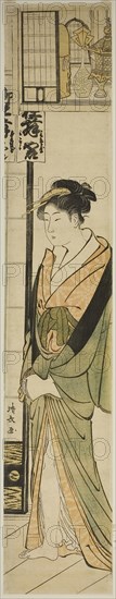 Courtesan Standing Beneath a Shelf for Talismans, c. 1783, Torii Kiyonaga, Japanese, 1752-1815, Japan, Color woodblock print, hashira-e, 69.1 x 12.6 cm