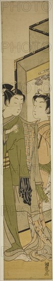 Taking Leave, c. 1770, Isoda Koryusai, Japanese, 1735-1790, Japan, Color woodblock print, hashira-e, 27 3/8 x 4 7/8 in.