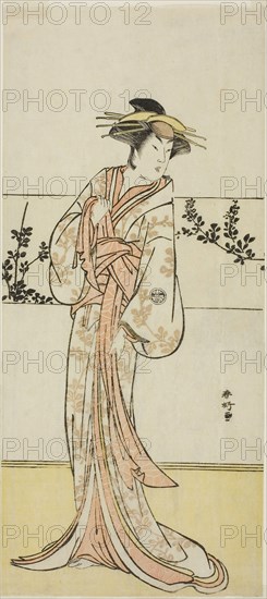 The Actor Segawa Kikunojo III, Possibly as the Courtesan Kojoro of Hakata, in the Play Chiyo no Hajime Ondo no Seto (Beginnings of Eternity: The Ondo Straits in the Seto Inland Sea) (?), Performed at the Kiri Theater from the Twenty-seventh Day of the Seventh Month, 1785, c. 1785, Katsukawa Shunko I, Japanese, 1742-1812, Japan, Color woodblock print, hosoban, left sheet of triptych, 32 x 14.2 cm (12 1/2 x 5 5/8 in.)