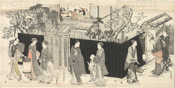 Returning from a Poetry Gathering, c. 1785/89, Kubo Shunman, Japanese, 1757–1820, Japan, Color woodblock print, oban triptych, 37.8 x 25.4 cm (right sheet), 38.0 x 25.4 cm (center sheet), 37.7 x 25.5 cm (left sheet), 38.0 x 75.4 cm (all three sheets)