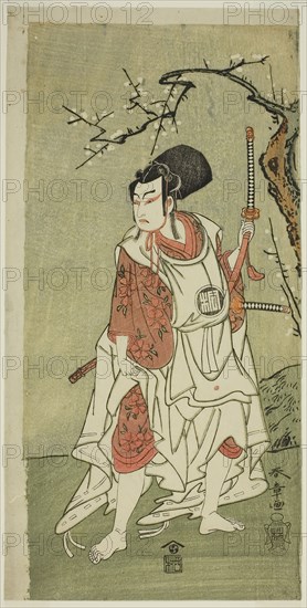 The Actor Arashi Sangoro II as Sakura-maru in the Play Sugawara Denju Tenarai Kagami, Performed at the Ichimura Theater in the First Month, 1772, c. 1772, Katsukawa Shunsho ?? ??, Japanese, 1726-1792, Japan, Color woodblock print, hosoban, 31.3 x 15.5 cm (12 5/16 x 6 1/8 in.)