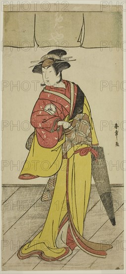 The Actor Iwai Hanshiro IV as Osuwa in the Play Koi no Yosuga Kanagaki Soga, Performed at the Ichimura Theater in the Fourth Monther, 1789, c. 1789, Katsukawa Shunsho ?? ??, Japanese, 1726-1792, Japan, Color woodblock print, hosoban, right sheet of diptych (?), 32.1 x 14.7 cm (12 5/8 x 5 13/16 in.)