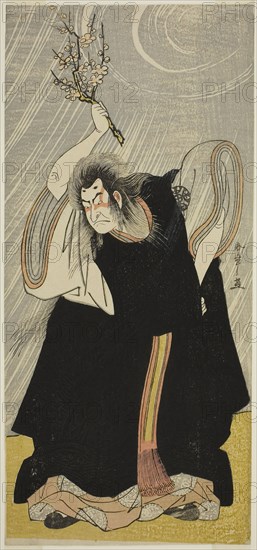 The Actor Nakamura Nakazo I as the Thunder God, an Incarnation of Kan Shojo, in the Play Sugawara Denju Tenarai Kagami, Performed at the Morita Theater in the Third Month, 1780, c. 1780, Katsukawa Shunsho ?? ??, Japanese, 1726-1792, Japan, Color woodblock print, hosoban, 32.8 x 14.9 cm (12 15/16 x 5 7/8 in.)