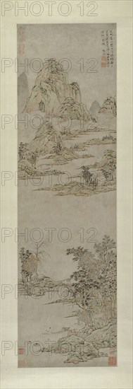 Pulling Oars under Clearing Autumn Skies (Distant Mountains), Ming dynasty (1368–1644), c. 1545, Lu Zhi, Chinese,  1496-1576, China, Hanging scroll, ink and color on paper, 105.8 × 31.1 cm (41 5/8 × 12 1/ 4 in.)