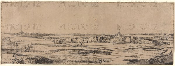 Panorama Near Bloemendael Showing the Saxenburg Estate (The Goldweigher’s Field), 1651, Rembrandt van Rijn, Dutch, 1606-1669, Holland, Etching and drypoint in black ink on cream Japanese paper, now discolored to tan, 122 x 324 mm (sheet, trimmed to platemark)