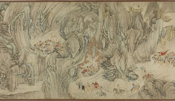 A Hunt in the Mountains of Heaven, Late Ming /early Qing dynasty, 17th century, Artist unknown [spurious signature of Zhao Mengfu (1254-1322), dated1301], Chinese, China, Handscroll, ink and colors on paper, 12 7/8 × 354 in. (33.3 × 899.2 cm)