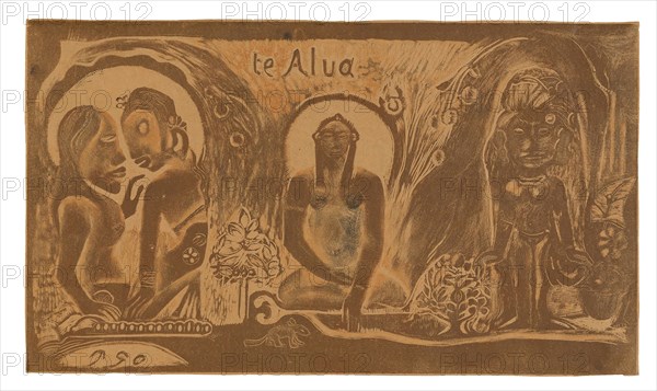Te atua (The God), from the Noa Noa Suite, 1893/94, Paul Gauguin, French, 1848-1903, France, Wood-block print, printed twice in orange and brown inks, over residual black ink, with wiping and touches of hand-applied black ink, on thin, pale-pink wove paper (faded to tan), 204 × 355 mm (image), 207 × 357 mm (sheet)