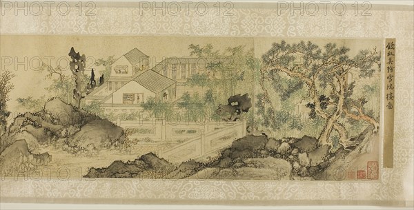 The Xuehong Pavilion in a Scholar’s Garden, Qing dynasty (1644–1911), 1831, Qian Du (1763-1844 ), Chinese, China, Handscroll, ink and colors on gold-spattered paper, 7 7/8 × 32 3/8 in.
