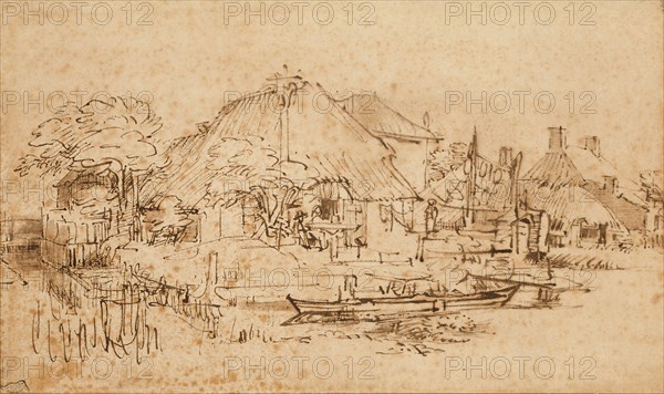 A Farm on the Amsteldijk, Seen from the Northwest, 1650/53, Rembrandt van Rijn, Dutch, 1606-1669, Holland, Pen and brown ink, with touches of brush and brown wash, on cream laid paper (discolored to tan), 151 x 250 mm