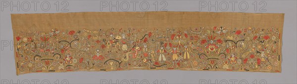 Incomplete Valance (For the Bed), 19th century, Greece, Crete, Crete, Cotton, plain weave, embroidered with silk in Armenian edge, back, buttonhole, Cretan, cross, encroaching satin, satin, single satin, split, and stem stitches, couching, 46 × 207.1 cm (18 1/8 × 81 1/8 in.)