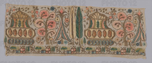 Fragment (Towel End), 19th century, Turkey, Turkey, Embroidered in kiosk and cypress design, 18.2 x 49.5 cm (7 1/8 x 19 1/2 in.)