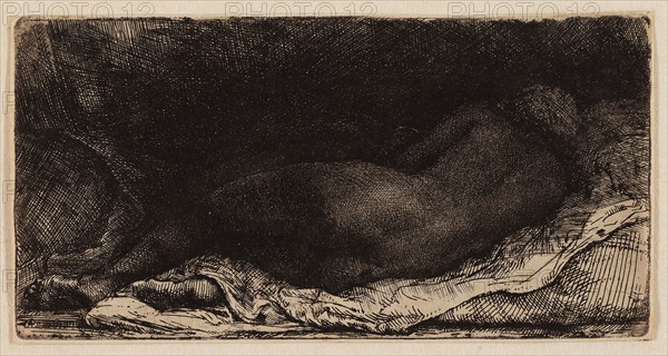 Reclining Female Nude, 1658, Rembrandt van Rijn, Dutch, 1606-1669, Holland, Etching, drypoint, and engraving, on ivory Japanese paper, 81 x 158 mm (sheet trimmed to plate mark)