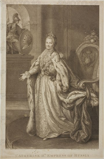 Catherine II, Empress of Russia, 1785, Francesco Bartolozzi (Italian, 1727-1815), probably after Michele Benedetti (Italian, 1745-1810), Italy, Stipple engraving and engraving on ivory chine, laid down on paper, 369 x 239 mm (image), 403 x 262 mm (sheet, cut within platemark)