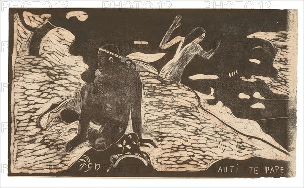 Auti te pape (Women at the River), from the Noa Noa Suite, 1893/94, Paul Gauguin, French, 1848-1903, France, Wood-block print, printed in reddish-brown and black ink on ivory wove paper (previously mounted on mottled blue wove paper laid down on cream wove card [a presentation mount]), 204 × 348 mm (image), 207 × 348 mm (sheet)