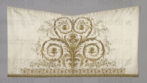 Panel (From a Skirt), 1801/50, France, Silk, satin weave, embroidered with gold metal wrapped over a silk fibre core, gold frisé, silk, gold metal formed ornaments, "purl," spangles, gold metal strips, couching over paper core and silk padding, in pattern and backstitch, trimmed with bobbin lace made of gold metal strip wound around a silk fibre core, 117.4 × 214.4 cm (46 1/4 × 84 1/2 in.)