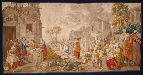 The Outdoor Market, from Village Festivals, 1775/89, After a design by Étienne Jeaurat (1699–1789), Woven at the workshop of Léonard Roby (active c. 1750–1789), France, Aubusson, France, Wool and silk, slit and double interlocking tapestry weave, 571.5 × 292.9 cm (224 7/8 × 115 3/8 in.)
