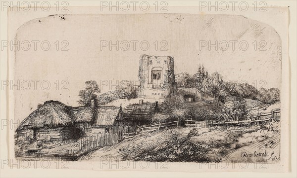 Landscape with a Square Tower, 1650, Rembrandt van Rijn, Dutch, 1606-1669, Holland, Etching and drypoint on ivory laid paper, 88 x 155 mm (image/plate), 98 x 163 mm (sheet)