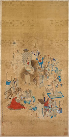 Bathing of the Buddha Festival, Qing dynasty, 1833, Hua Ziyou, Chinese, 19th century, China, Hanging scroll, ink and color on paper, 108.9 × 54.2 cm (42 7/8 × 21 3/8 in.)