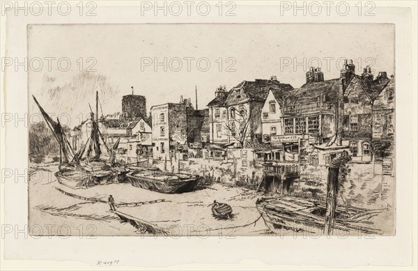 The Adam and Eve, Old Chelsea, 1878, James McNeill Whistler, American, 1834-1903, United States, Etching and drypoint with foul biting in black ink on off-white laid paper, 174 x 303 mm (plate), 213 x 335 mm (sheet)