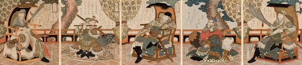 The Five Tiger Generals of the Tales of the Water Margin (Suikoden Goko Shogun), c. 1828, Yashima Gakutei, Japanese, 1786 (?)-1868, Japan, Color woodblock prints with metallic pigments, surimono shikishiban pentaptych, 21.1 x 18.9 cm (8 5/16 x 7 7/16 in.)