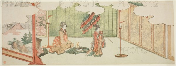 Young girl dancing at nobleman’s mansion, 1805, Katsushika Hokusai ?? ??, Japanese, 1760-1849, Japan, Color woodblock print, nagaban, surimono