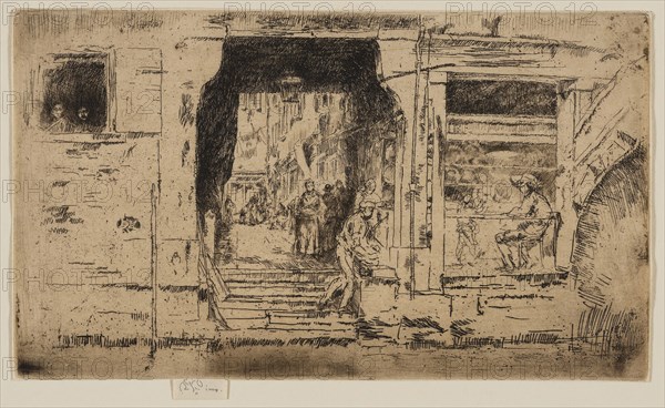 The Fish Shop, Venice, 1879/80, James McNeill Whistler, American, 1834-1903, United States, Etching and drypoint with foul biting in black ink on ivory laid paper, 129 x 224 mm (plate), 136 x 224 mm (sheet)