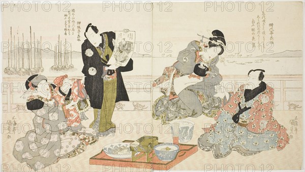 The actors Onoe Kikugoro III, Onoe Matsutake III, and Iwai Kumesaburo II, c. 1825, Utagawa Kunisada I (Toyokuni III), Japanese, 1786-1864, Japan, Color woodblock print, shikishiban diptych, 22.2 x 38.6 cm (8 3/4 x 15 3/16 in.)