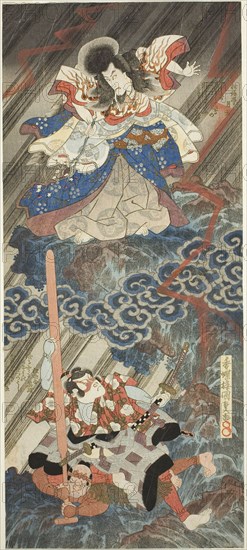 The actors Ichikawa Danjuro VII as Kan Shojo (Sugawara Michizane) and Segawa Kikunojo V as Umeomaru in the play Sugawara Denju Tenarai Kagami, performed at the Kawarazaki Theater in the ninth month, 1832, 1832, Utagawa Kunisada I (Toyokuni III), Japanese, 1786-1864, Japan, Color woodblock print, vertical shikishiban diptych, surimono, 43.7 x 19.3 cm
