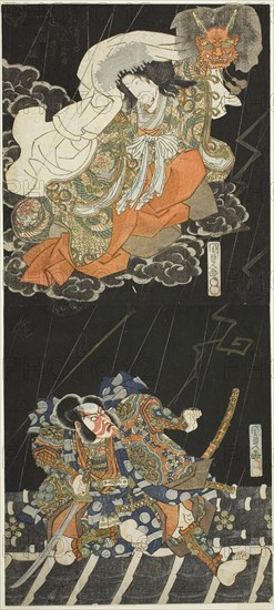 The actors Ichikawa Danjuro VII as Watanabe no Tsuna and Segawa Kikunojo V as the female demon in the play Modori Bridge (Modoribashi), 1833, Utagawa Kunisada I (Toyokuni III), Japanese, 1786-1864, Japan, Color woodblock print, vertical shikishiban diptych, surimono, 42.2 x 19.6 cm