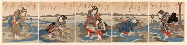 Low Tide at Susaki, A Set of Five (Shiohi goban no uchi), c. 1828/30, Utagawa Kuniyoshi, Japanese, 1797–1861, Japan, Color woodblock prints, shikishiban pentaptych, surimono, 21.2 x 91.8 cm (8 5/16 x 36 1/8 in.)