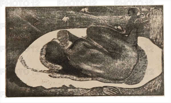 Manao tupapau (She Thinks of the Ghost or The Ghost Thinks of Her), from the Noa Noa Suite, 1893/94, Paul Gauguin, French, 1848-1903, France, Wood-block print, printed three times in reddish-brown, black, and light black ink, with touches of brush and black gouache and silver-gray watercolor (altered from black), on ivory laid Japanese paper, laid down on ivory wove Japanese paper (a laminate made by the artist), 204 × 357 mm (image), 207 × 359 mm (sheet)