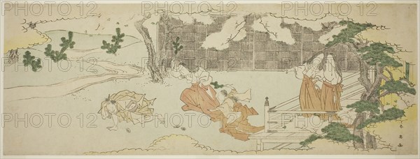 Court Ladies on a Balcony Watching a Woman and a Girl Chasing a Man in the Yard under Blossoming Cherry Trees, late 1790s, Katsukawa Shun’ei, Japanese, 1762-1819, Japan, Color woodblock print, long surimono, 19 x 51.7 cm (7 1/2 x 20 3/8 in.)